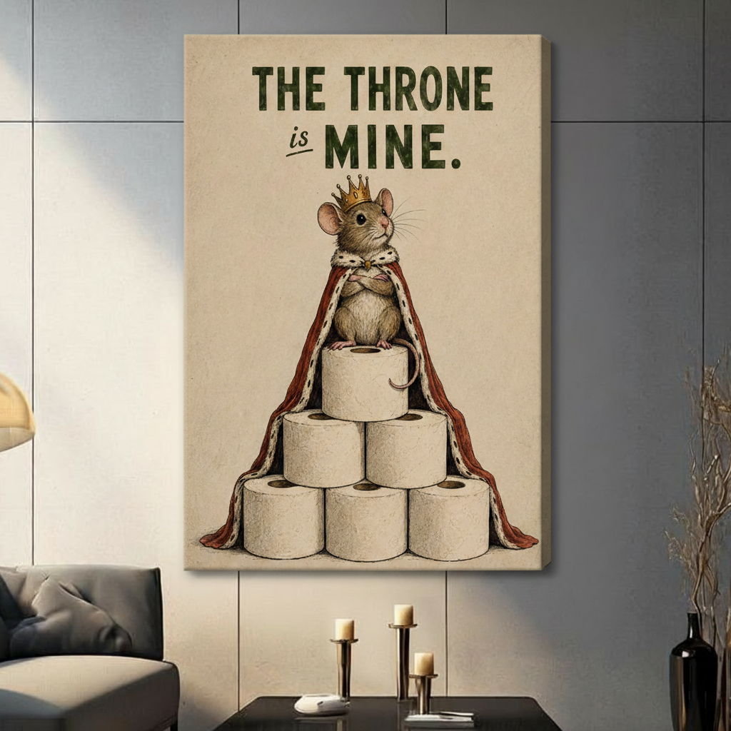 Unframed vintage humorous illustration regal mouse with gold crown and red royal mantle perched on stacked toilet paper rolls with bold typography The Throne Is Mine on distressed beige background canvas print on dark grey tile wall in contemporary living room - witty bathroom king mouse toilet paper wall art for modern interior decor