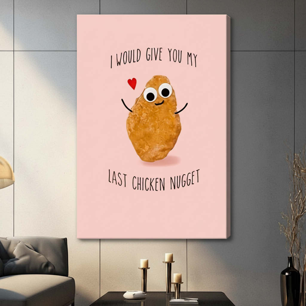 Stretched canvas wall art of an adorable cartoon chicken nugget with big googly eyes and open arms next to a red heart with the playful I would give you my last chicken nugget message on a pink background, hung on a dark gray tile wall beside a modern gray sofa with candlestick decor