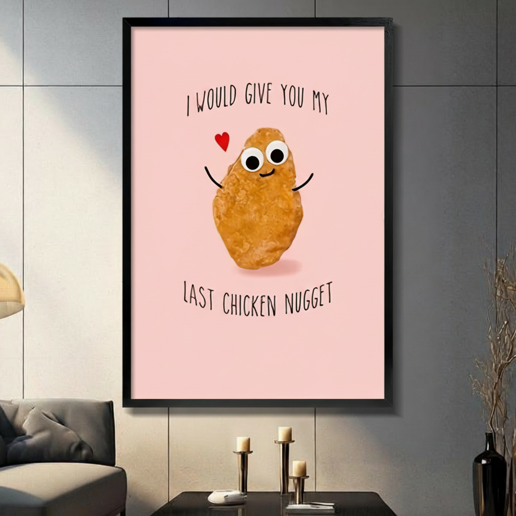 Black framed funny last chicken nugget canvas art with a cute smiling anthropomorphic chicken nugget spreading its arms beside a little red heart and the hand-lettered quote I would give you my last chicken nugget on a soft pink background, displayed on a dark gray tile wall above a black table with candlesticks beside a gray sofa