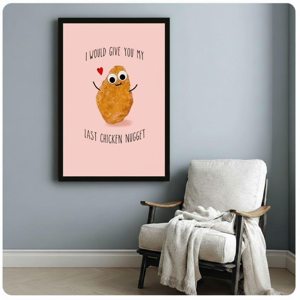 Black framed cute funny chicken nugget love canvas art showing a happy nugget with wide eyes and outstretched arms beside a red heart and the hand-drawn quote I would give you my last chicken nugget on a pink background, displayed on a soft blue-gray wall beside a light upholstered wooden armchair draped with a cream knit throw blanket
