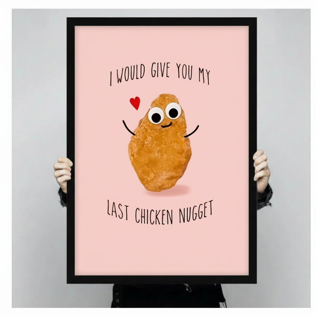 Person holding a large vertical black framed funny last chicken nugget canvas art print showing a smiling anthropomorphic chicken nugget with googly eyes and open arms beside a red heart and the quote I would give you my last chicken nugget on a soft pink background in a light gray studio setting