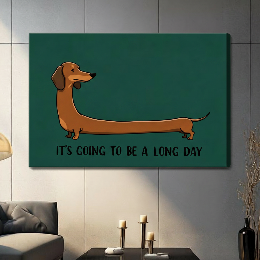 Cartoon stretched dachshund "It's Going to Be a Long Day" gallery wrap horizontal canvas art in teal green on a dark gray paneled wall above a gray sofa with candle holders and a black decorative vase in a contemporary living room