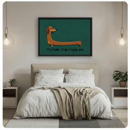 Black framed funny stretched dachshund "It's Going to Be a Long Day" horizontal canvas art in teal green above a bed with white linen bedding, a taupe throw blanket, white nightstands, potted plants, and globe pendant lights in a modern bedroom