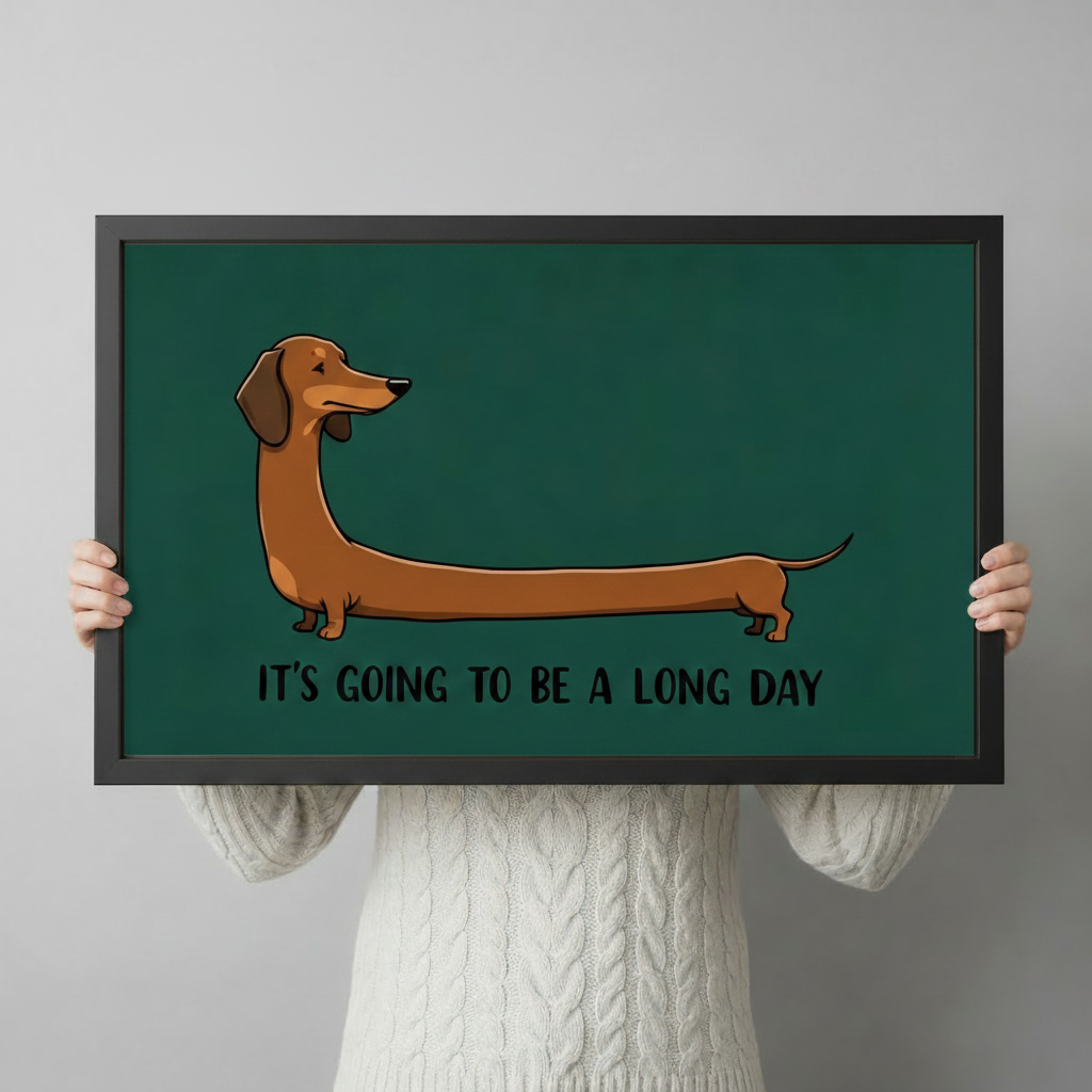Person in white cable-knit sweater holding a black framed funny long dachshund horizontal art print in teal green with "It's Going to Be a Long Day" quote against a light gray backdrop