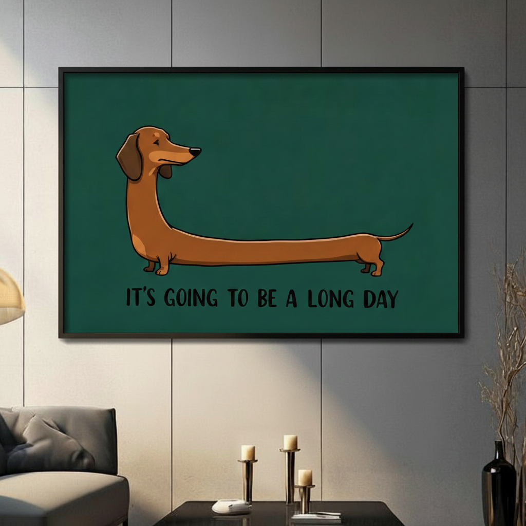 Funny long dachshund "It's Going to Be a Long Day" black framed horizontal canvas art in teal green on a dark gray paneled wall above a gray sofa with pillar candle holders in a contemporary living room