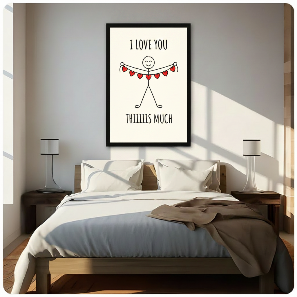 I Love You Thiiiis Much stick figure framed wall art hung above a wooden bed with white linen bedding and a light brown throw blanket in a bright modern bedroom