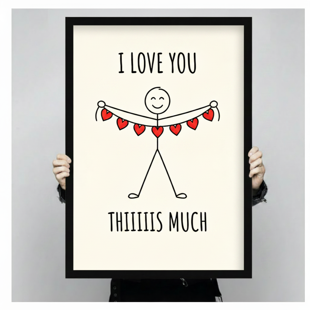 Person holding a black framed I Love You Thiiiis Much stick figure art print with red heart banner against a light gray backdrop