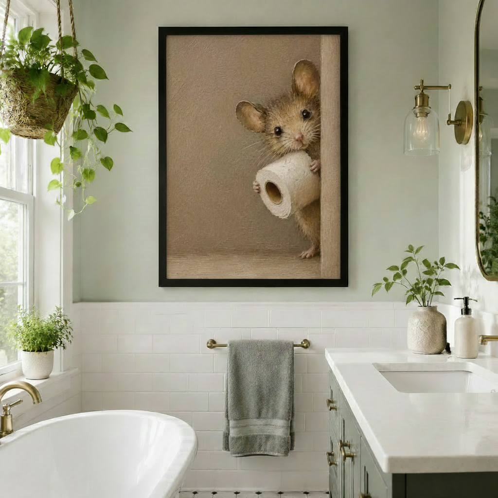 Framed funny mouse canvas wall art of a cute brown mouse peeking out with a toilet paper roll, displayed in a bright bathroom with white subway tiles, gold towel bar, freestanding bathtub, hanging potted plants and double vanity with gold fixtures