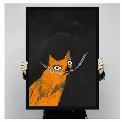 Person holding large funny orange cat canvas art print showing actual size — bold brushstroke style on black background