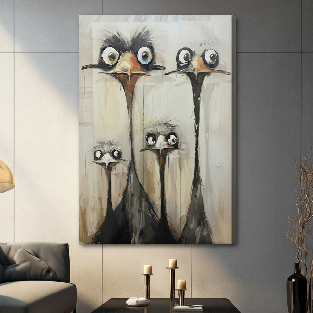 Unframed stretched canvas print of four quirky big-eyed ostriches including two adults and two chicks with ruffled dark feathers and long necks in humorous oil painting style on a warm cream textured background