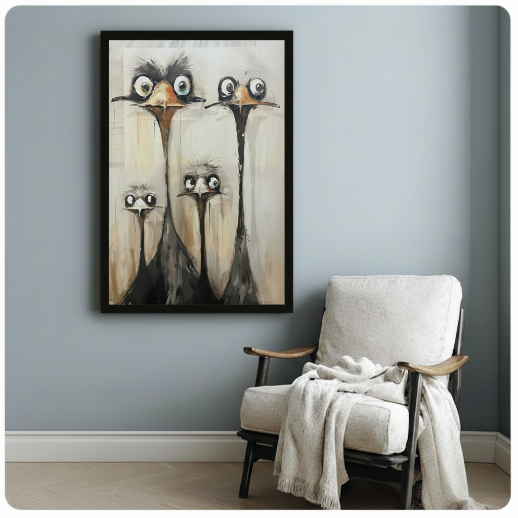 Black framed funny ostrich family canvas art print with four expressive wide-eyed long-necked birds in impasto oil painting texture on beige background on a light blue-grey wall beside a wooden armchair with cream throw