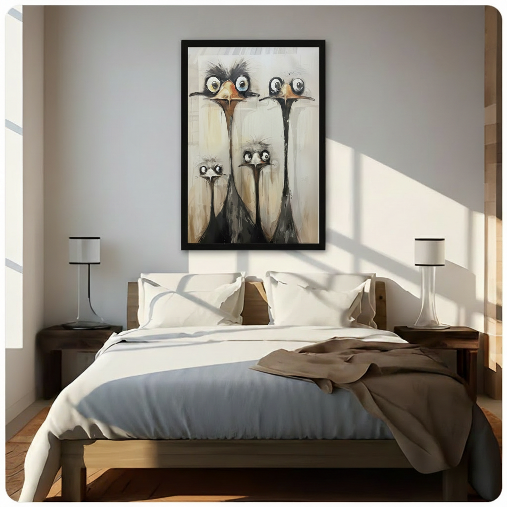 Framed funny ostrich family canvas wall art with four whimsical wide-eyed long-necked ostriches in expressive oil painting style on warm beige textured background hung above a wooden bed with white bedding in a sunlit bedroom
