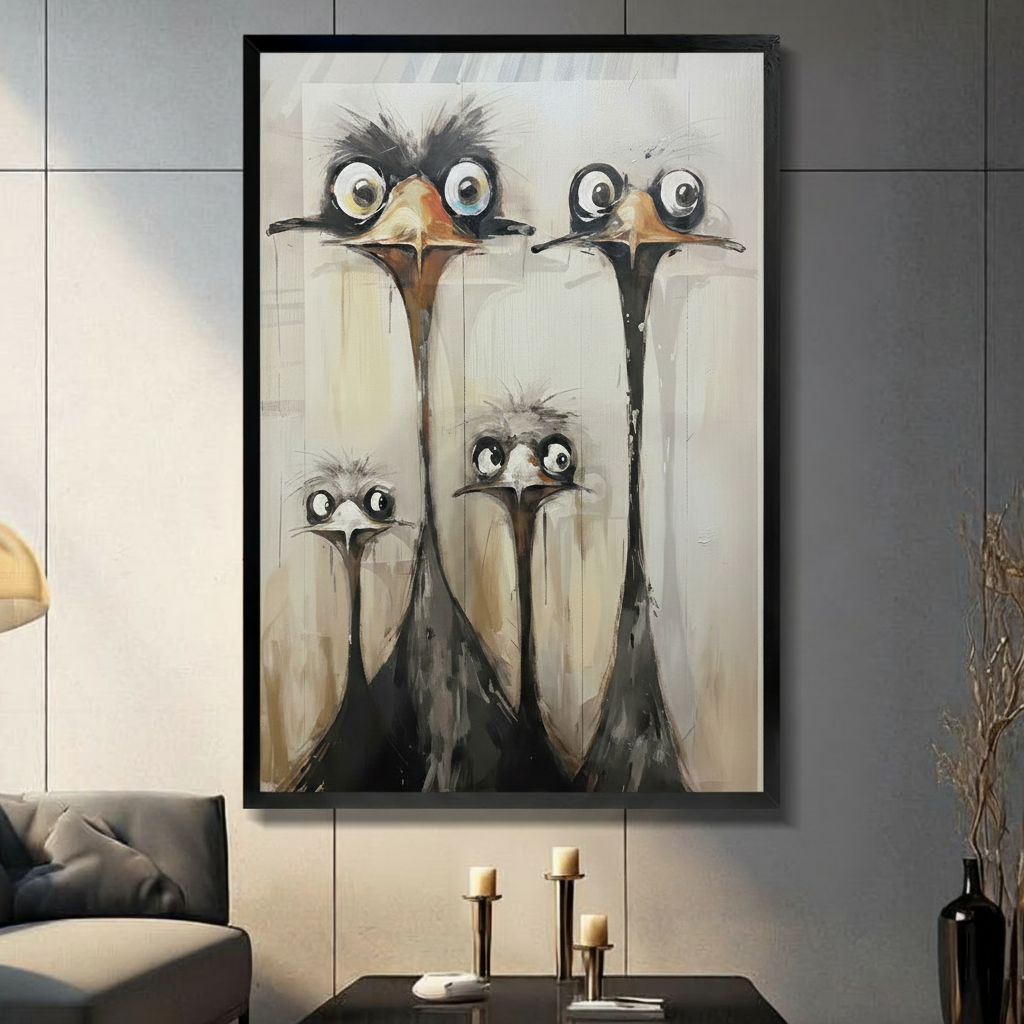 Framed funny ostrich family canvas wall art featuring four wide-eyed long-necked ostriches in expressive oil painting style with beige textured background displayed on a dark grey slate wall in a modern living room