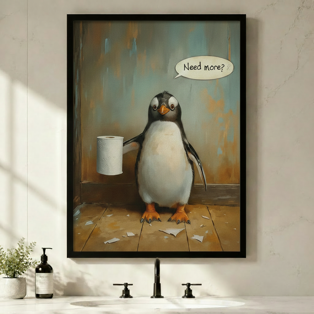 Funny penguin holding toilet paper roll with Need More speech bubble, vintage oil painting style black framed wall art above bathroom sink with black fixtures