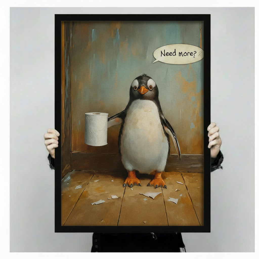 Funny penguin holding toilet paper roll with Need More speech bubble, black framed bathroom humor poster held in both hands showing print size and frame quality