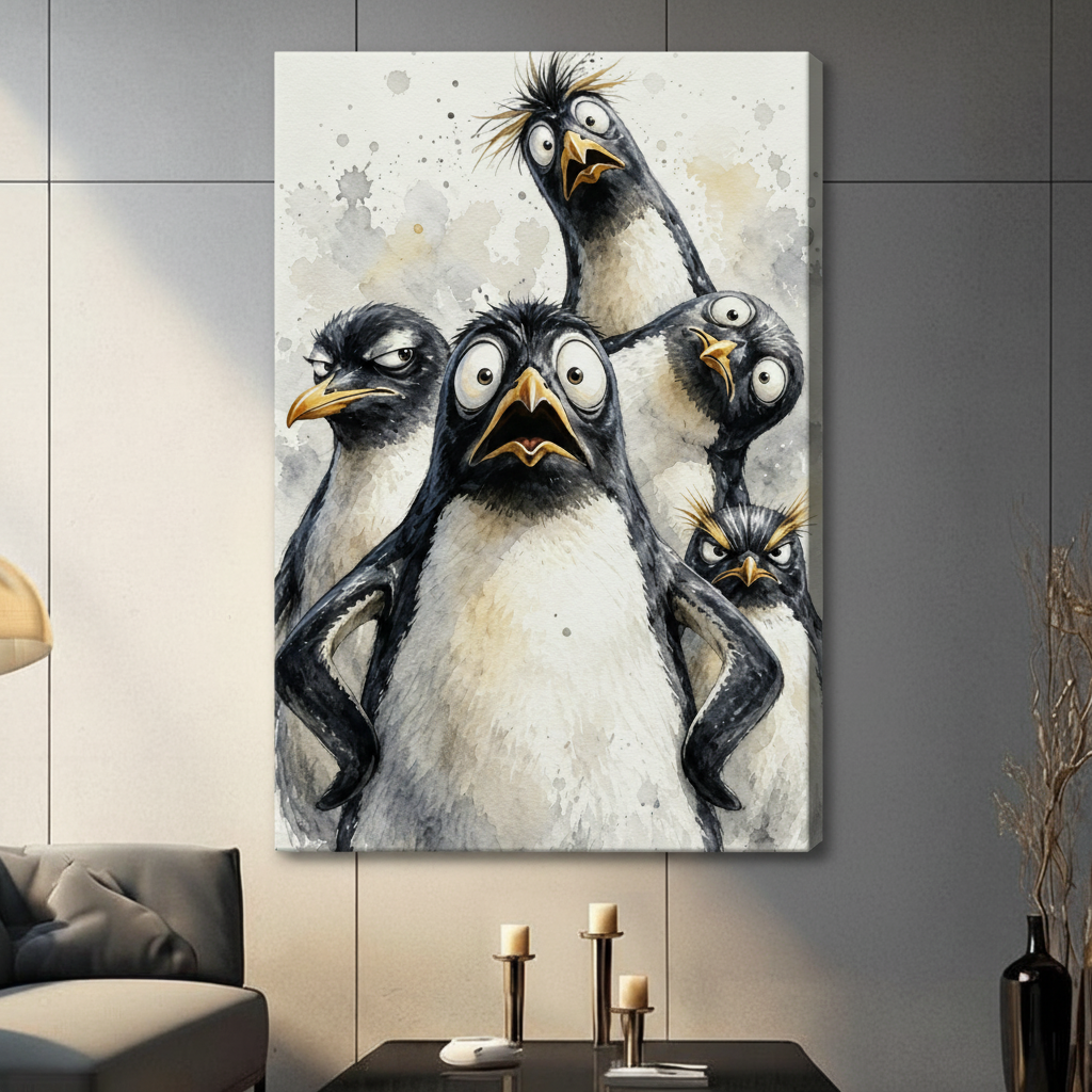 Group of five expressive penguins with dramatic mismatched emotions on a watercolor splash background funny penguin wall art stretched canvas in a living room with dark gray tiled wall gray sofa candle holders and black vase