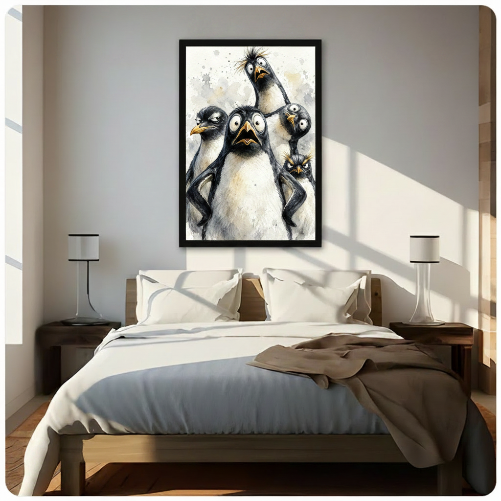 Whimsical watercolor illustration of five penguins with comically different expressions from panicked to furious on a gray splattered background funny penguin wall art framed print above a bedroom with white linen bedding dark wood bed frame and white table lamps