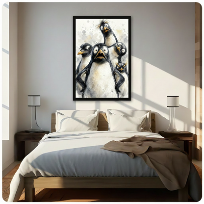 Whimsical watercolor illustration of five penguins with comically different expressions from panicked to furious on a gray splattered background funny penguin wall art framed print above a bedroom with white linen bedding dark wood bed frame and white table lamps
