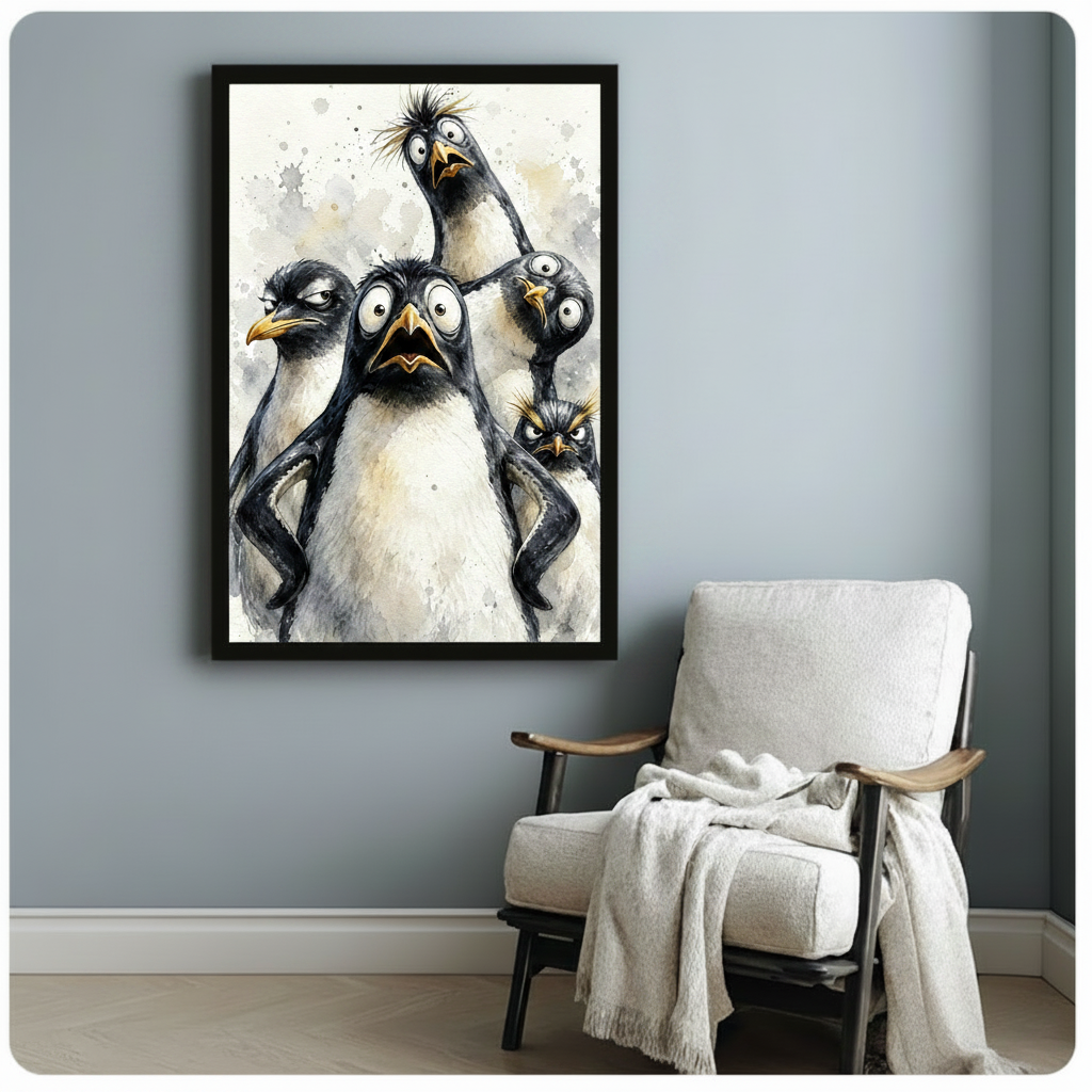 Five quirky penguins with exaggerated reactions shocked grumpy screaming curious and scowling on a loose watercolor background humorous penguin wall art framed print beside a white linen armchair with a cream throw blanket on a blue gray wall