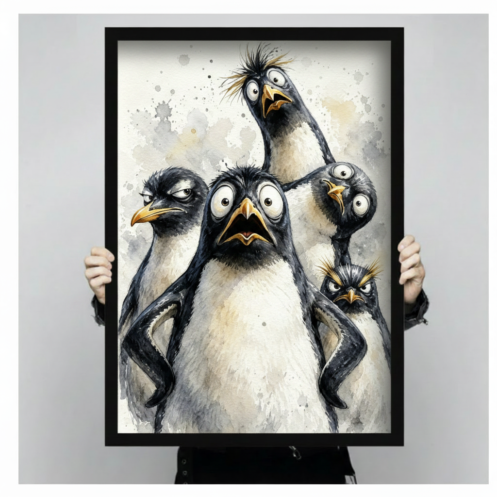 Five penguins with hilarious expressions bug-eyed panic side-eye disdain curious tilt and grumpy scowl on a gray and cream watercolor splash background funny penguin wall art framed print held against a light gray background
