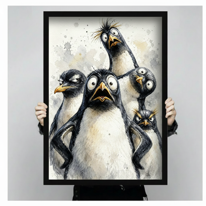 Five penguins with hilarious expressions bug-eyed panic side-eye disdain curious tilt and grumpy scowl on a gray and cream watercolor splash background funny penguin wall art framed print held against a light gray background