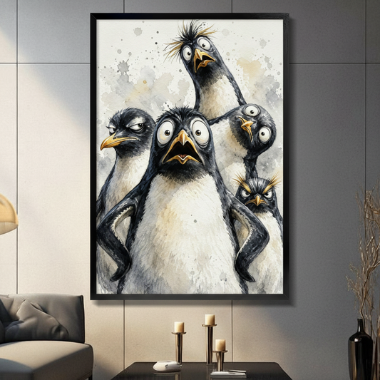 Five penguins with wild expressions one bug-eyed in shock one unimpressed one screaming with a long neck one tilting head and one scowling watercolor illustration funny penguin wall art framed print in a living room with dark gray tiled wall gray sofa candle holders and black vase