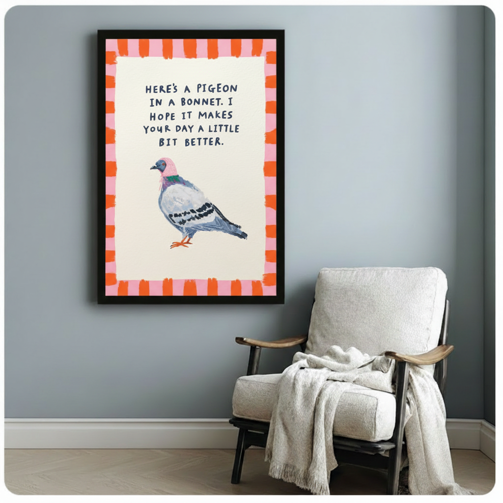Quirky pigeon in bonnet with uplifting handwritten quote framed art poster featuring orange and pink paintbrush stripe border displayed beside a white fabric lounge chair with draped throw blanket against a soft blue-gray wall