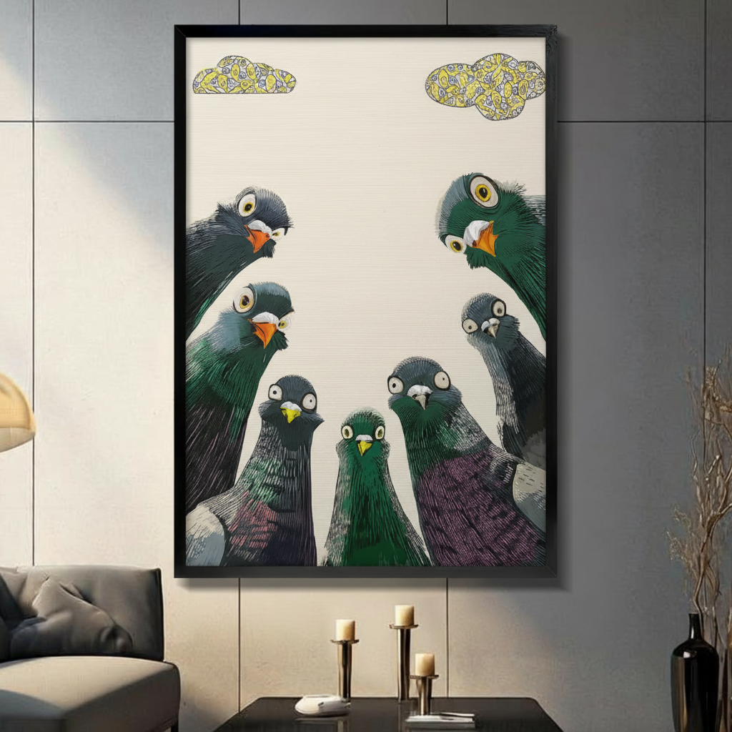 Black framed whimsical pigeon flock canvas art showing seven big-eyed pigeons staring upward with decorative patterned clouds, displayed above a console table with tall candlesticks in a moody modern living room