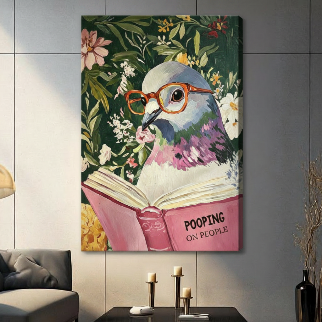 Humorous pigeon with orange glasses and floral background reading pink book canvas wall art print hanging in a contemporary living room with dark gray tiled wall, gray sofa, and gold floor lamp