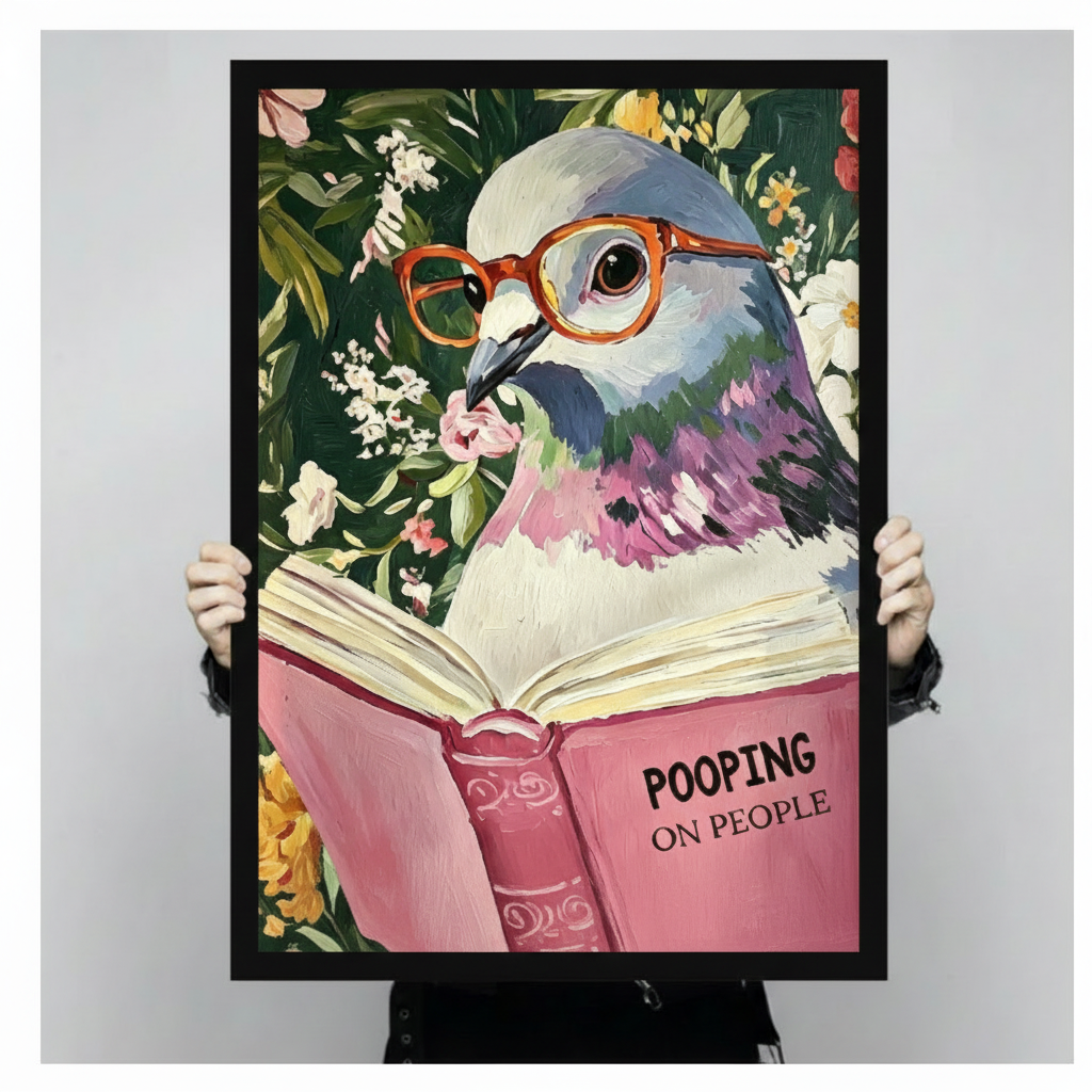 Quirky pigeon in orange glasses holding open pink Pooping on People book funny bird framed wall art print held up for size reference against a light gray neutral background