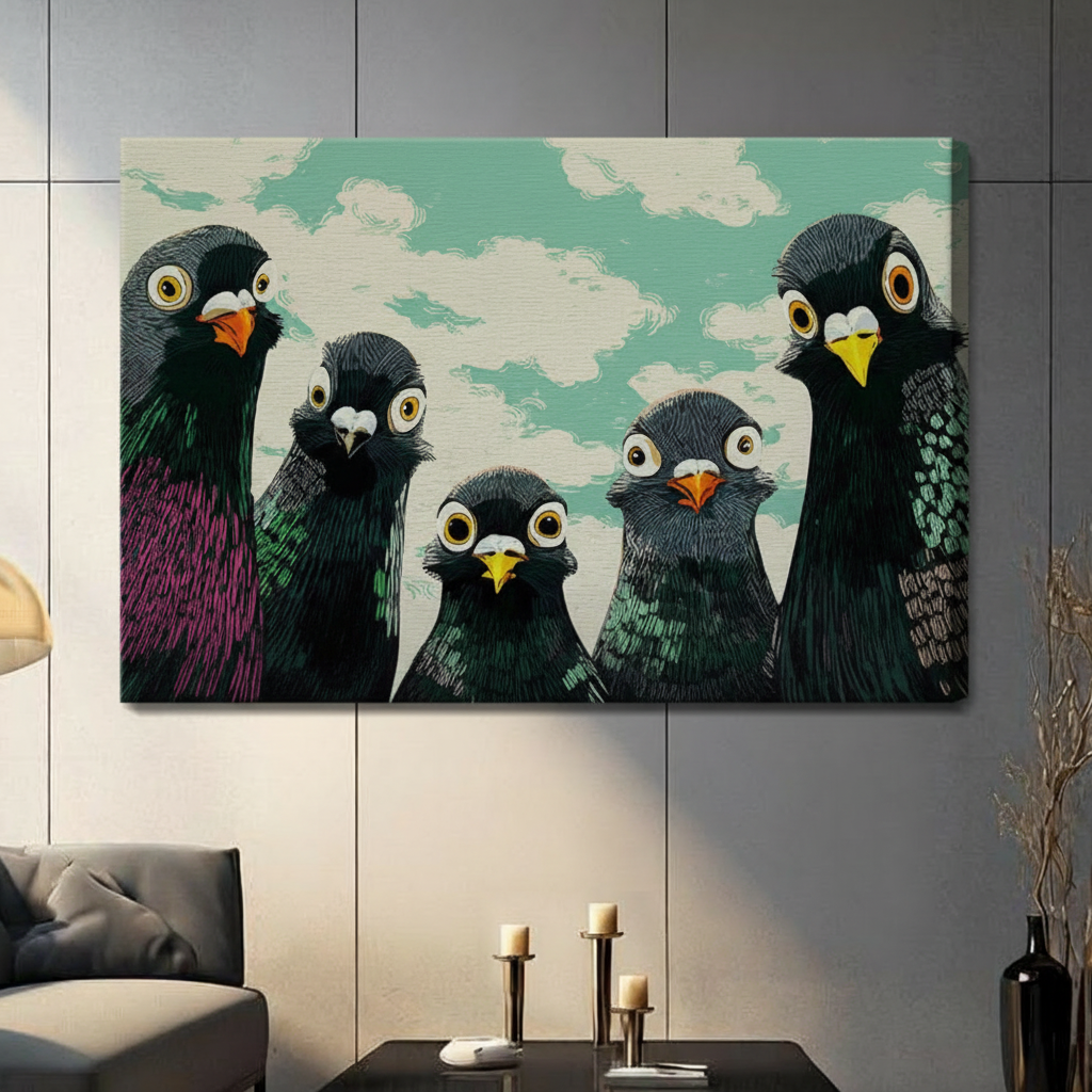 Unframed stretched canvas print of five quirky big-eyed pigeons with iridescent feathers in purple green and teal staring forward on a mint blue cloudy background in a contemporary grey living room