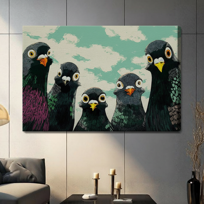 Unframed stretched canvas print of five quirky big-eyed pigeons with iridescent feathers in purple green and teal staring forward on a mint blue cloudy background in a contemporary grey living room