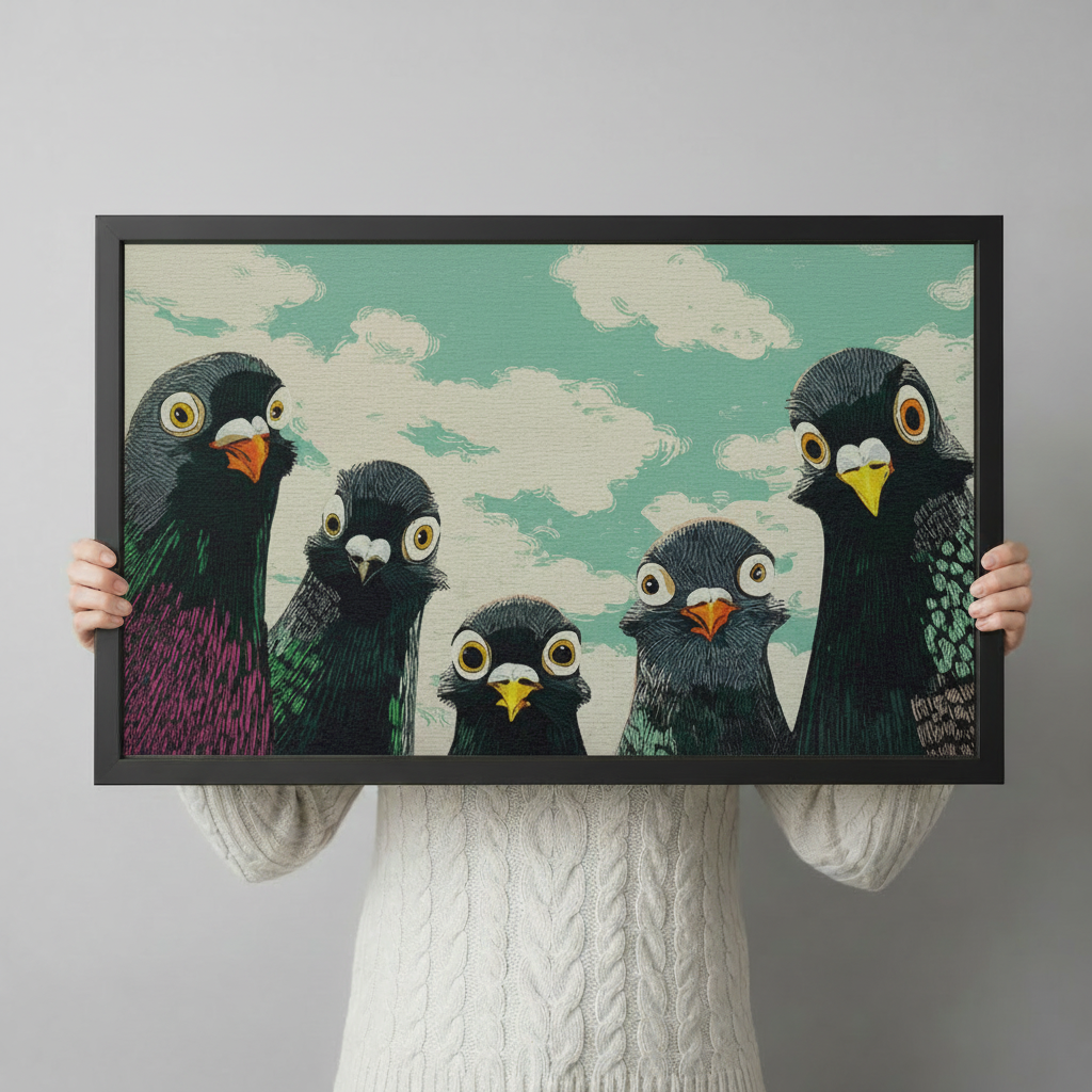 Person holding a large black framed funny pigeon squad canvas art print showing print size scale and bold cartoon illustration detail of five wide-eyed pigeons on a mint green sky background
