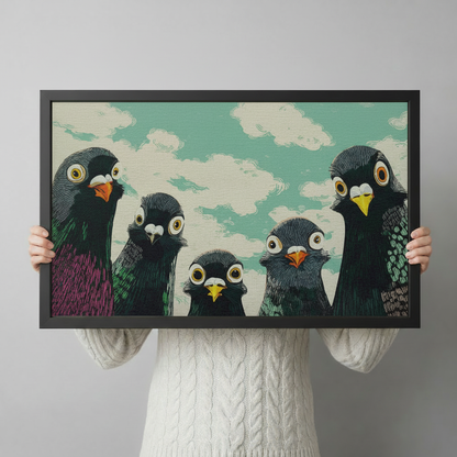 Person holding a large black framed funny pigeon squad canvas art print showing print size scale and bold cartoon illustration detail of five wide-eyed pigeons on a mint green sky background