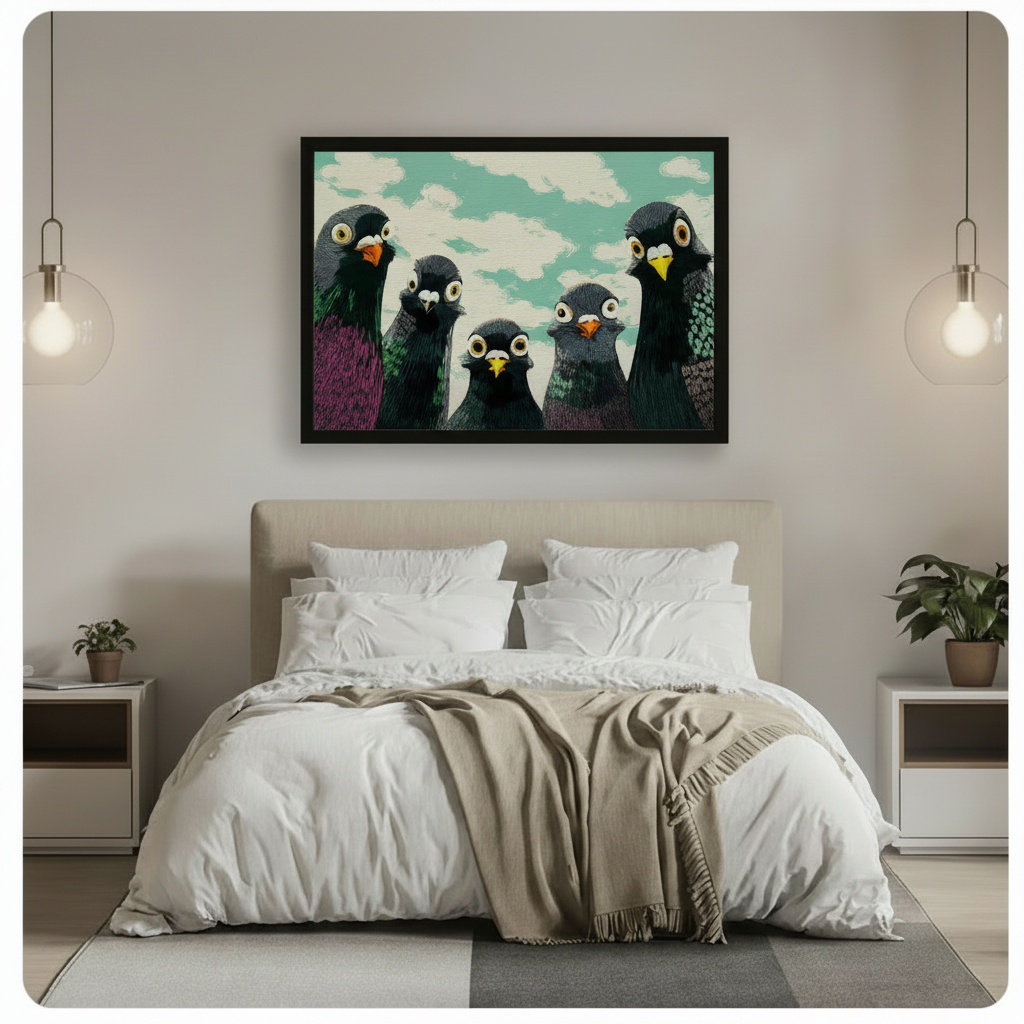 Framed funny pigeon squad canvas wall art with five cartoon wide-eyed pigeons on a mint cloudy sky background hung above an upholstered bed with white bedding in a modern bedroom with pendant lights