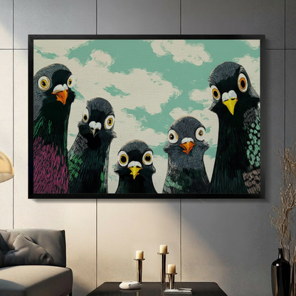 Framed funny pigeon squad canvas wall art with five wide-eyed cartoon pigeons in bold illustration style on a mint green cloudy sky background displayed on a dark grey wall in a modern living room