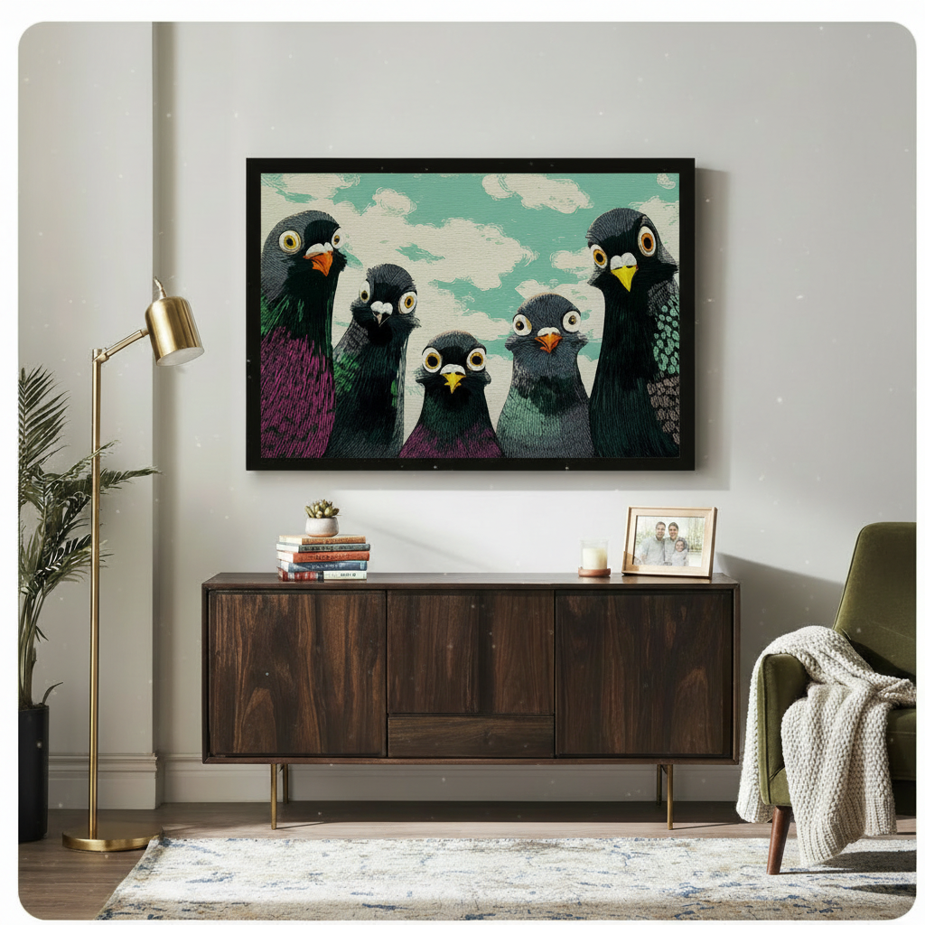 Black framed funny pigeon squad canvas art print with five quirky cartoon pigeons in iridescent feathers on mint green background above a dark walnut sideboard in an eclectic living room with gold floor lamp
