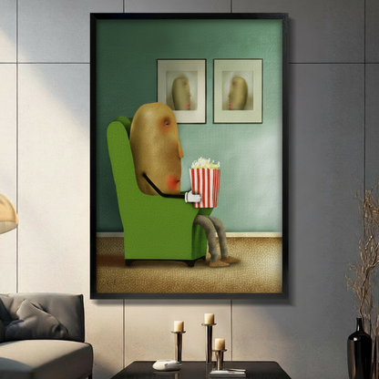 Black-framed surreal potato eating popcorn art print with teal background, gallery-style display in a contemporary living room