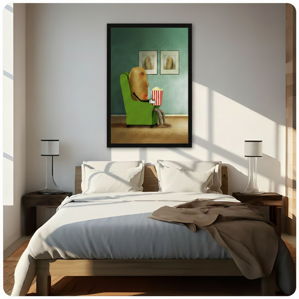 Humorous potato eating popcorn wall art above bed – surreal illustration framed print in a bright modern bedroom