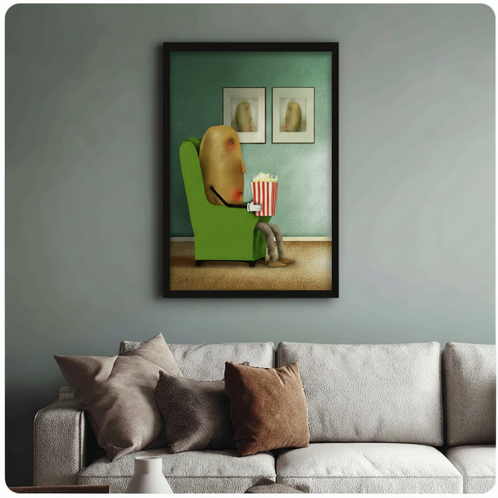 Quirky anthropomorphic potato with popcorn bucket art print in black frame, styled above a neutral sofa in a contemporary living room