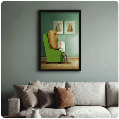 Quirky anthropomorphic potato with popcorn bucket art print in black frame, styled above a neutral sofa in a contemporary living room