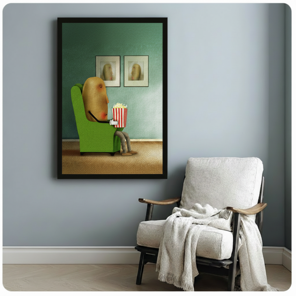 Funny anthropomorphic potato sitting in a green armchair eating popcorn – quirky framed wall art print displayed in a cozy living room