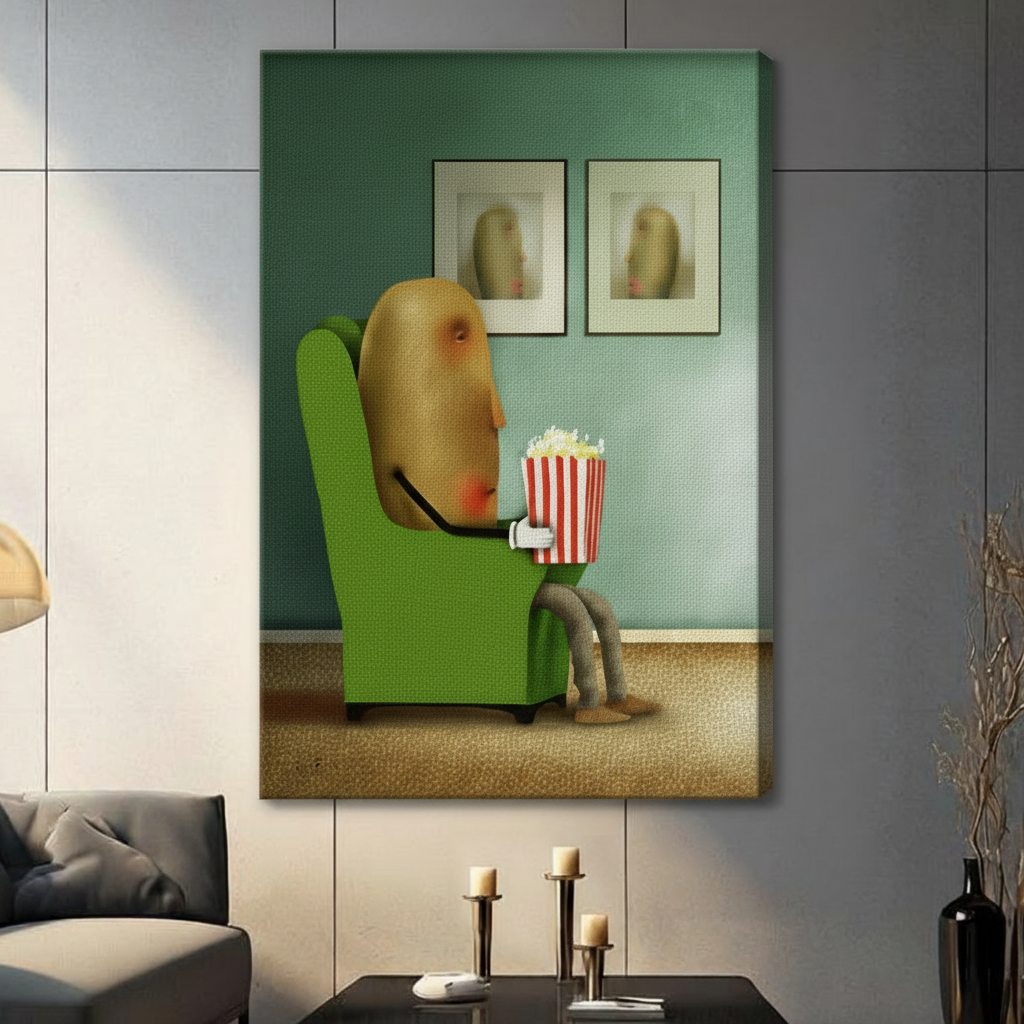 Unframed canvas wall art featuring a funny potato character relaxing in a green armchair with popcorn, modern interior display