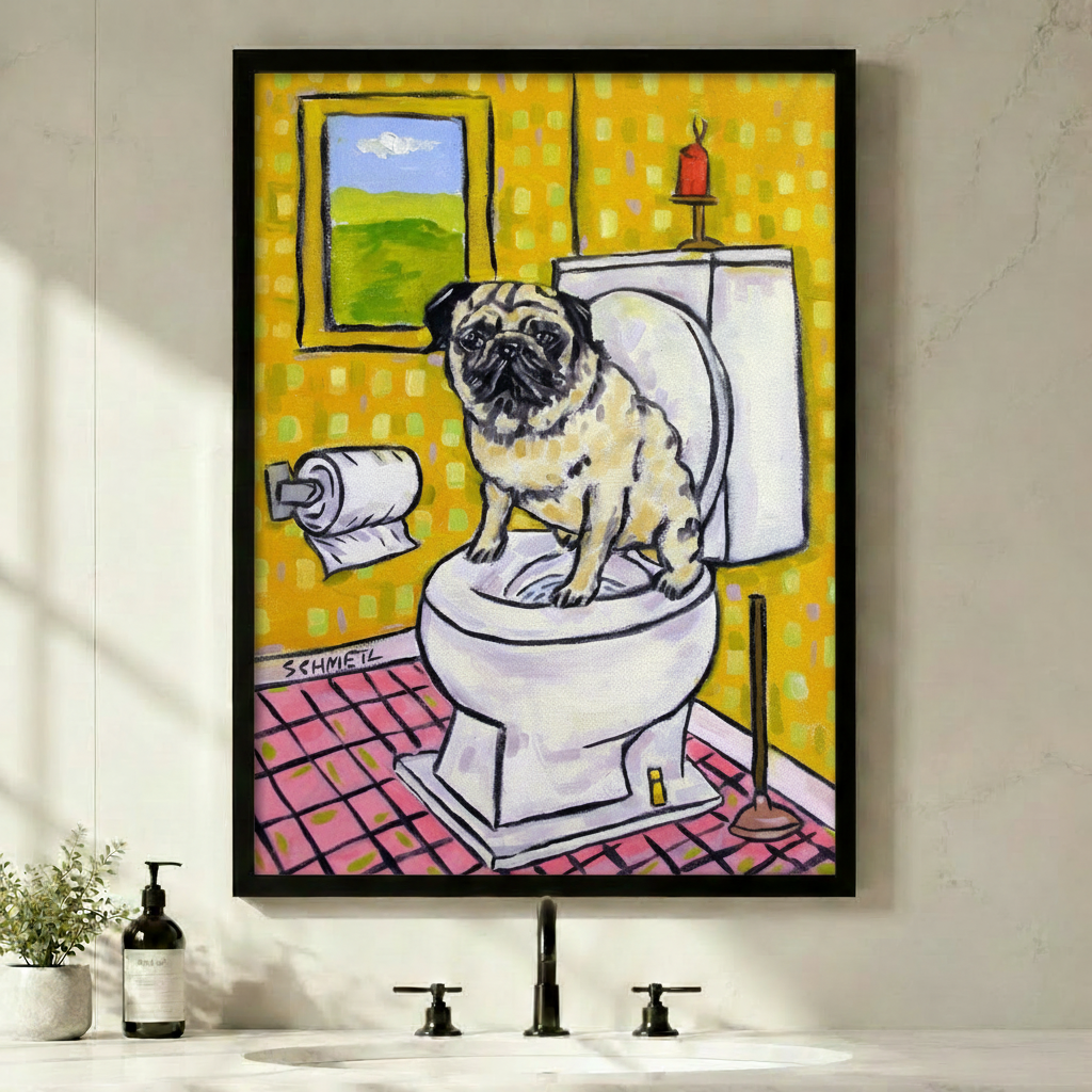 Framed funny pug sitting on toilet canvas print above bathroom sink on white wall - humorous retro dog bathroom oil painting wall art with bold yellow wallpaper and pink tile floor for contemporary bathroom decor