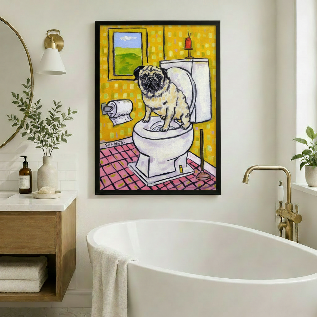 Framed funny pug sitting on toilet canvas print beside freestanding bathtub in warm-lit bathroom with gold sconce - humorous retro dog bathroom wall art with vivid yellow and pink tile for stylish bathroom home decor