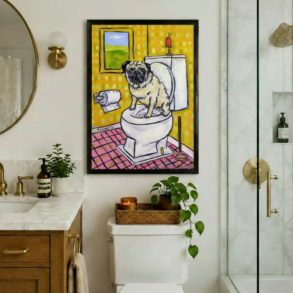 Framed humorous pug sitting on toilet canvas print in elegant bathroom with gold fixtures and marble vanity - bold retro dog bathroom oil painting wall art with bright yellow and pink tile scene for luxury bathroom decor