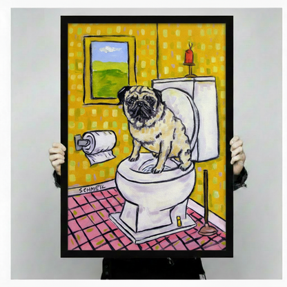 Person holding large framed funny pug on toilet canvas print with both hands against grey background - close up view of humorous retro dog bathroom oil painting wall art with bold yellow wallpaper and pink tile detail