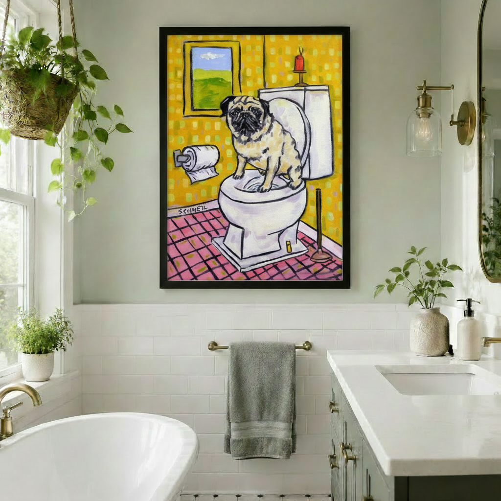 Framed humorous pug on toilet oil painting canvas print in bright white tile bathroom with double vanity and hanging plants - funny retro dog bathroom wall art with bold yellow background and pink checkered floor for contemporary bathroom decor