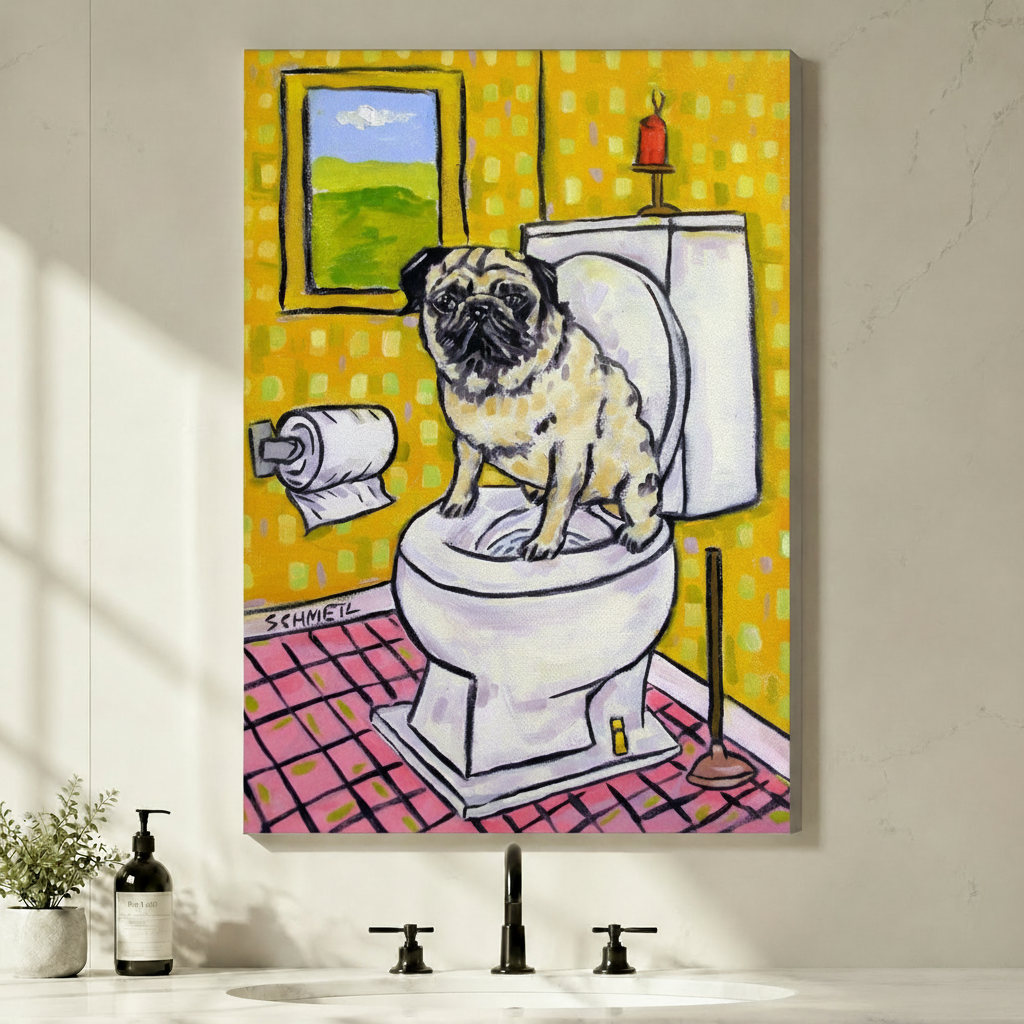 Unframed funny pug on toilet canvas print displayed above bathroom sink on white wall - playful retro dog bathroom wall art with vibrant yellow background and pink checkered tile for modern bathroom interior decor