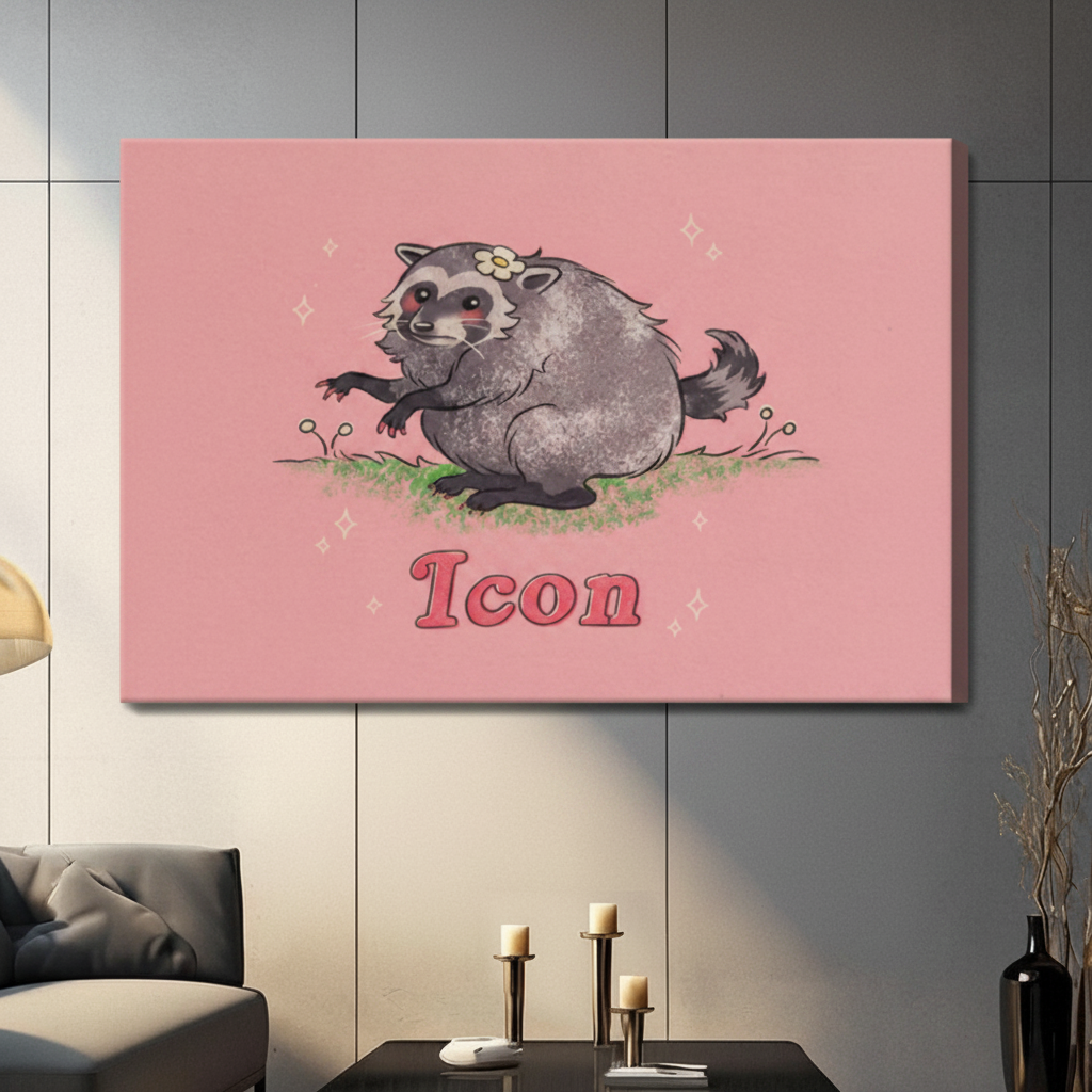 Stretched canvas funny raccoon Icon wall art featuring a round fluffy gray raccoon with a daisy on its head sitting on a patch of grass with bold pink retro Icon lettering on a blush pink background, hung above a dark sofa in a contemporary living room